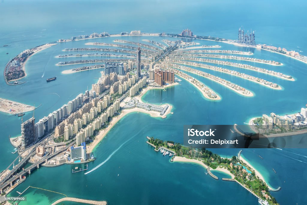 Aerial view of Dubai Palm Jumeirah island, United Arab Emirates